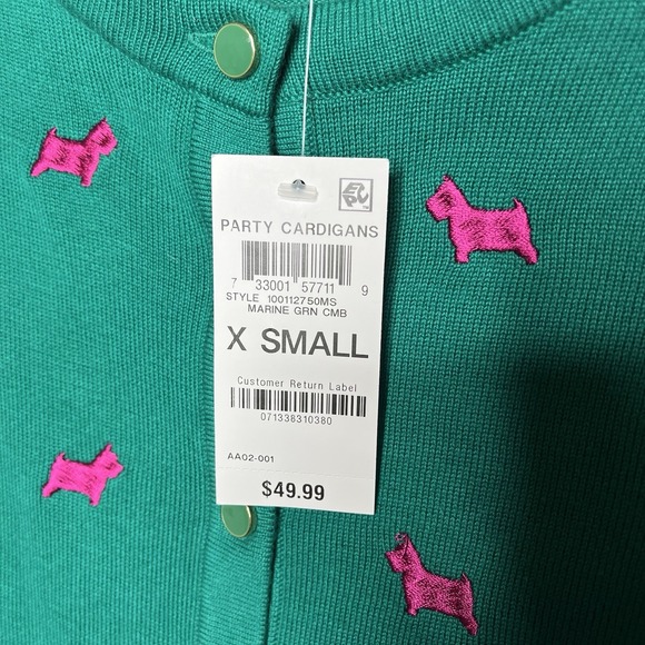 Women's XS Button Up Cardigan Sweater Scotty Dog Green Cotton Lightweight Preppy - Picture 5 of 13